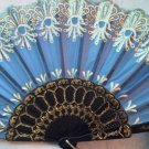 Folding Fan, Sky Blue silk with gold and white design by "Silk Breeze"