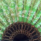 Folding Fan, Emerald Green silk with gold and white floral spray by "Silk Breeze"