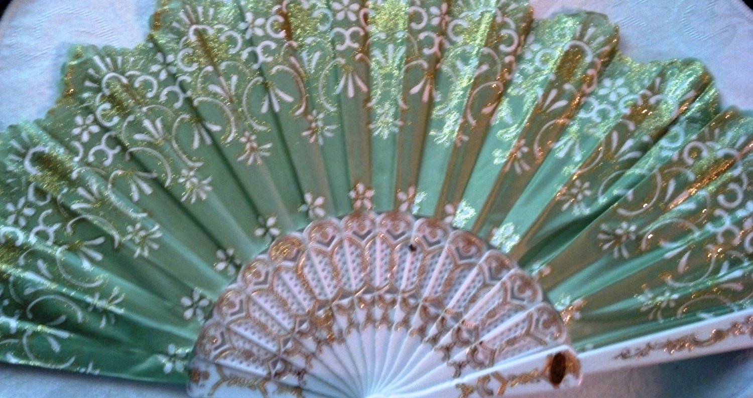 Folding Fan, Sage Green silk with gold and white floral design by "Silk Breeze"