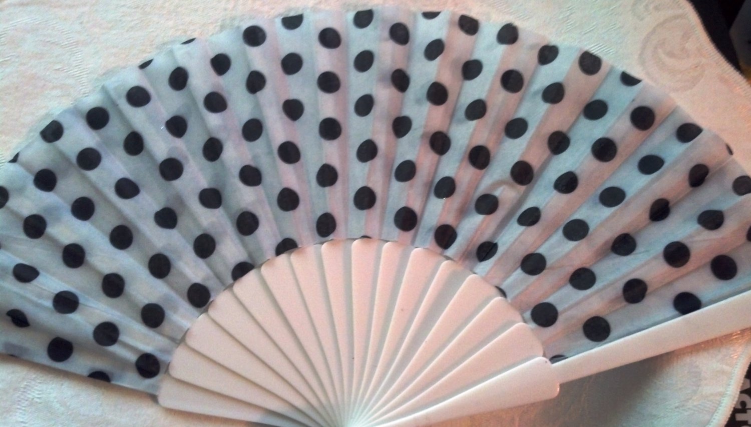 Folding Fan, white silk with black polka dots by "Silk Breeze"
