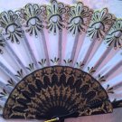 Folding Fan, light gray silk with gold glitter and black sunburst design by "Silk Breeze"