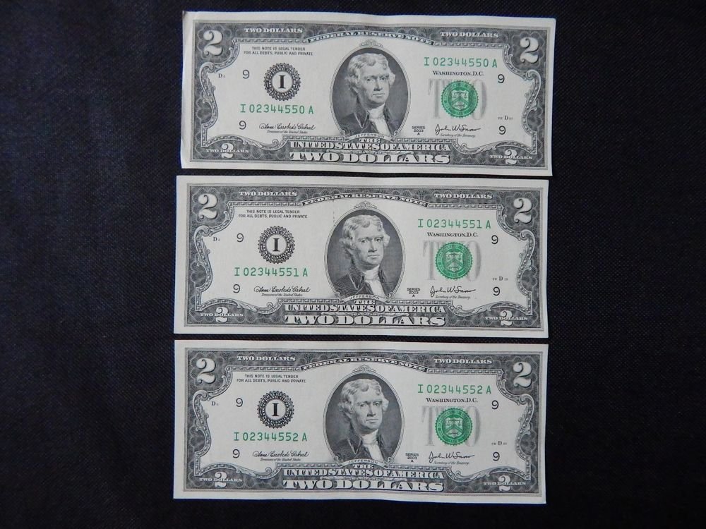 2003 Minneapolis I UNCIRCULATED $2 TWO Dollar Bill Mint Note SEQUENTIAL 3ea