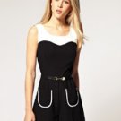 Ladies River Island @ ASOS Black White Belted Smart French Playsuit Jumpsuit UK8