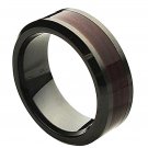 8CC245-TY19 Beveled Edge Black Ceramic w/ Burgundy Wood Laminate Inlay Comfort Fit Wedding Band