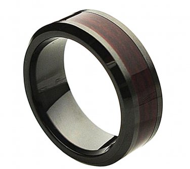 8CC245-TY19 Beveled Edge Black Ceramic w/ Burgundy Wood Laminate Inlay Comfort Fit Wedding Band