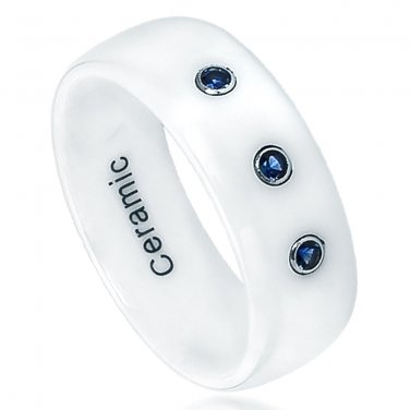 8CC385-TY19 White Ceramic Domed Ring with Three 0.05 Carats Blue Sapphires Comfort Fit Band