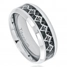 8TM445-TY0 High Polished Titanium Ring Cut-Out Masonic Symbol Inlay over Black Carbon Fiber Inlay