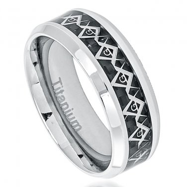 8TM445-TY0 High Polished Titanium Ring Cut-Out Masonic Symbol Inlay over Black Carbon Fiber Inlay