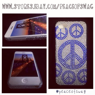 iPhone 5 5s BLING Blue Silver Vintage Peacesign Peace Symbol Hard Case Cover