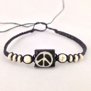 New Handmade Peace Of Swag Batik Bone Bead Waxed Cord Peace Sign Candy Bracelet