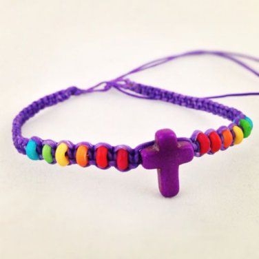 New Peaceofswag Handmade Purple CROSS Rainbow Bone Bead Hipster Jesus Bracelet