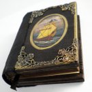Handmade-hand painted personalised customisable vintage blank journal: Old ship, wooden cover, XS