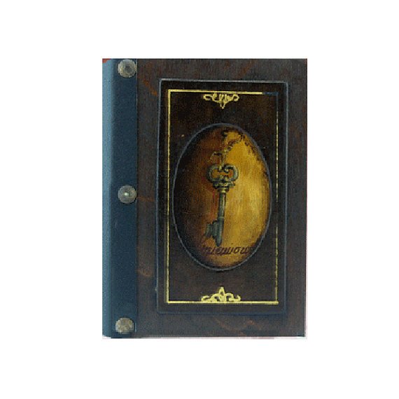 Handmade-hand painted personalised customisable journal, vintage blank notebook: Key, wooden cover
