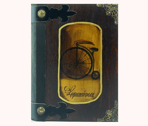 Handmade-hand painted customisable vintage blank journal: Retro bicycle, wooden cover, small