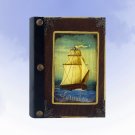Handmade - hand painted customisable vintage blank journal: Old ship, wooden cover, small size