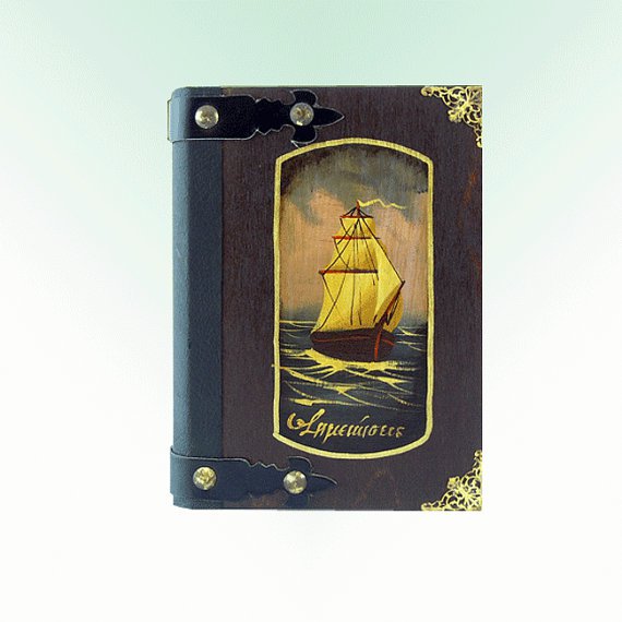 Handmade - hand painted customisable vintage blank journal: Sailling old ship, wooden cover, medium