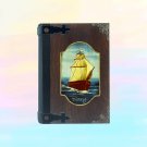 Diary, handmade - hand painted vintage, customisable: Old ship, wooden cover, large size