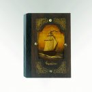 Notebook, handmade - hand painted, customisable: Old ship, wooden cover, metallic design