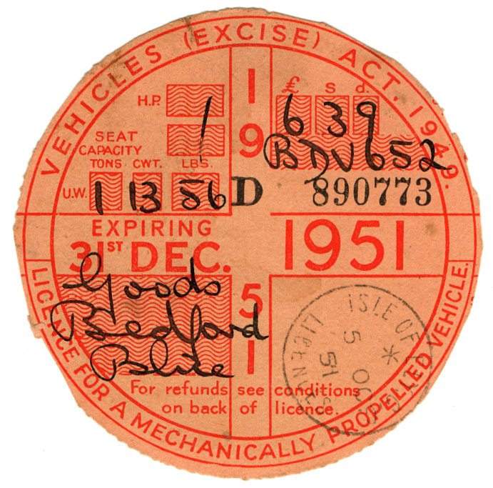 (I.B) GB Revenue : Car Tax Disc (Bedford Goods 1951)