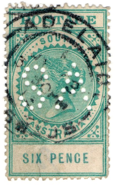 (I.B) Australia - South Australia Postal : 6d Blue-Green (SA perfin)