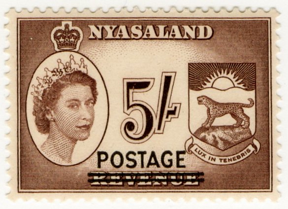 (I.B) Nyasaland Revenue : Duty 5/- (postal overprint)