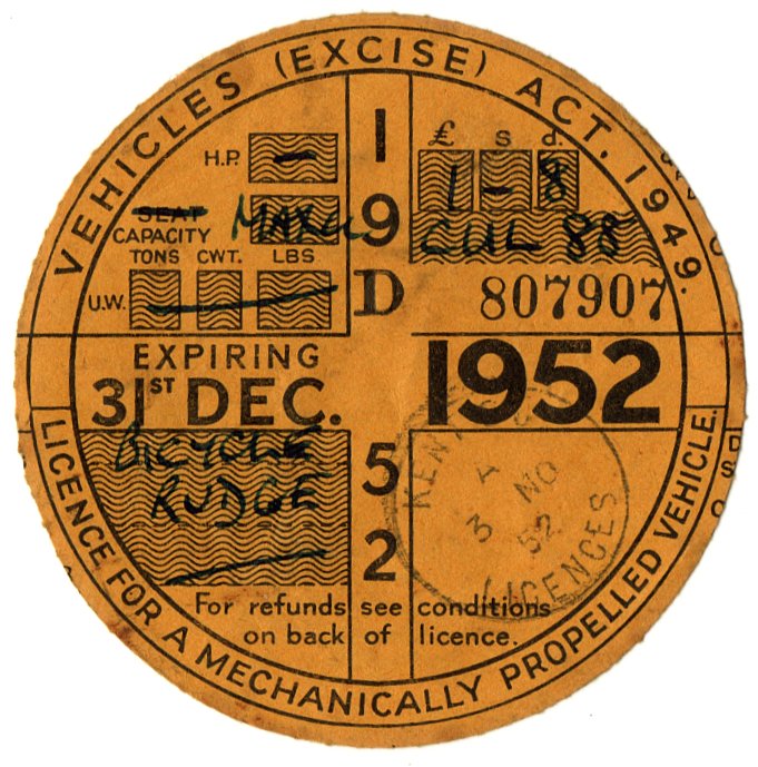 (I.B) GB Revenue : Car Tax Disc (Rudge Motorcycle 1952)