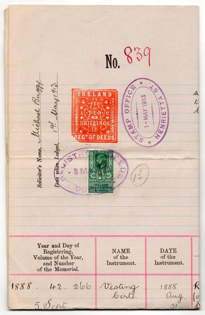 (I.B) Edward VII Revenue : Ireland Registration of Deeds 11/- (complete)
