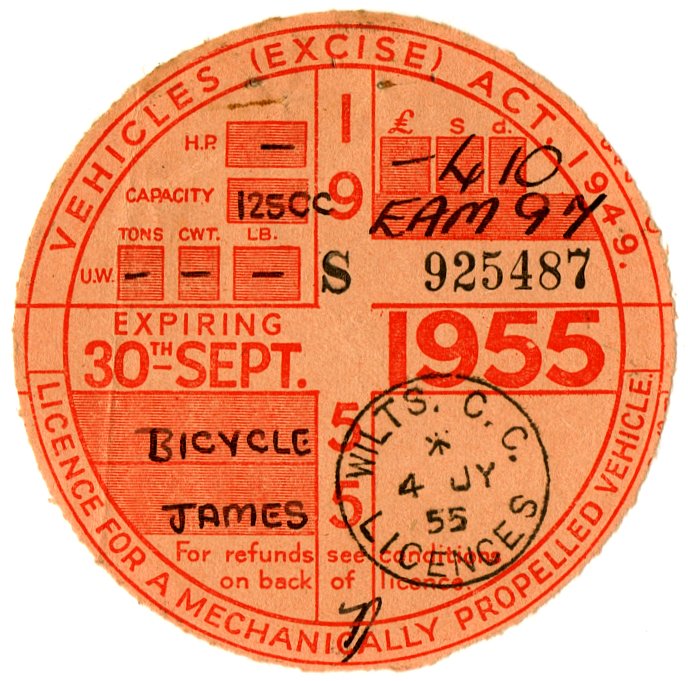(I.B) GB Revenue : Car Tax Disc (James Motorcycle 1955)