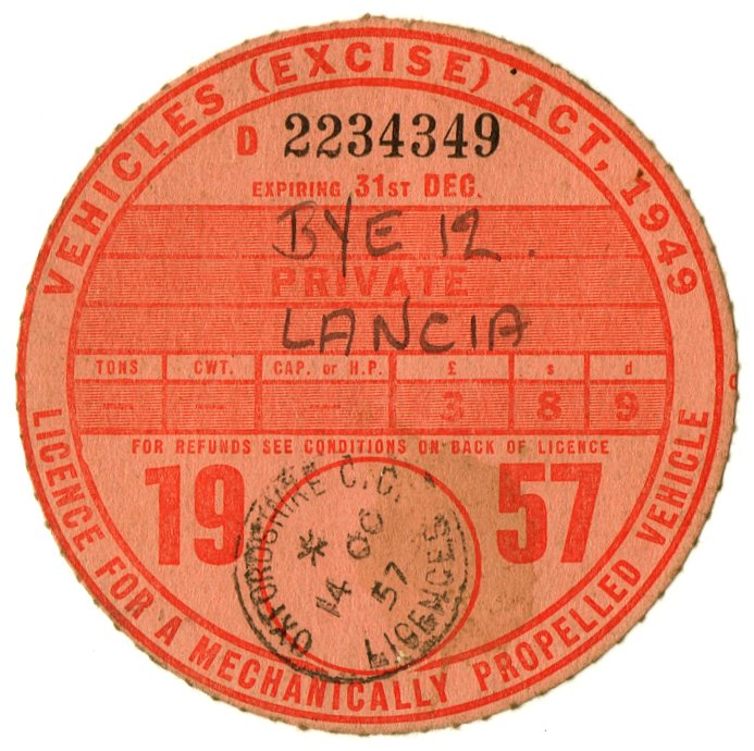 (I.B) GB Revenue : Car Tax Disc (Lancia 1957)