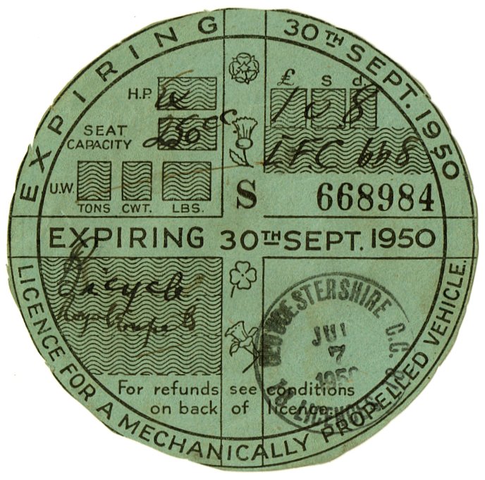 (I.B) GB Revenue : Car Tax Disc (Royal Enfield Motorcycle 1950)