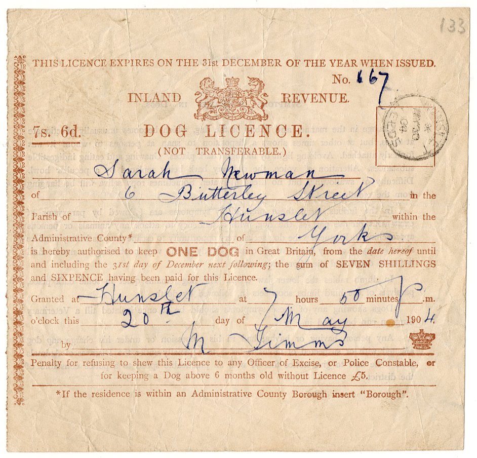 (I.B) Edward VII Revenue : Dog Licence 7/6d