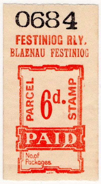 (I.B) Festiniog Railway : Parcel Stamp 6d (Blaenau Festiniog)