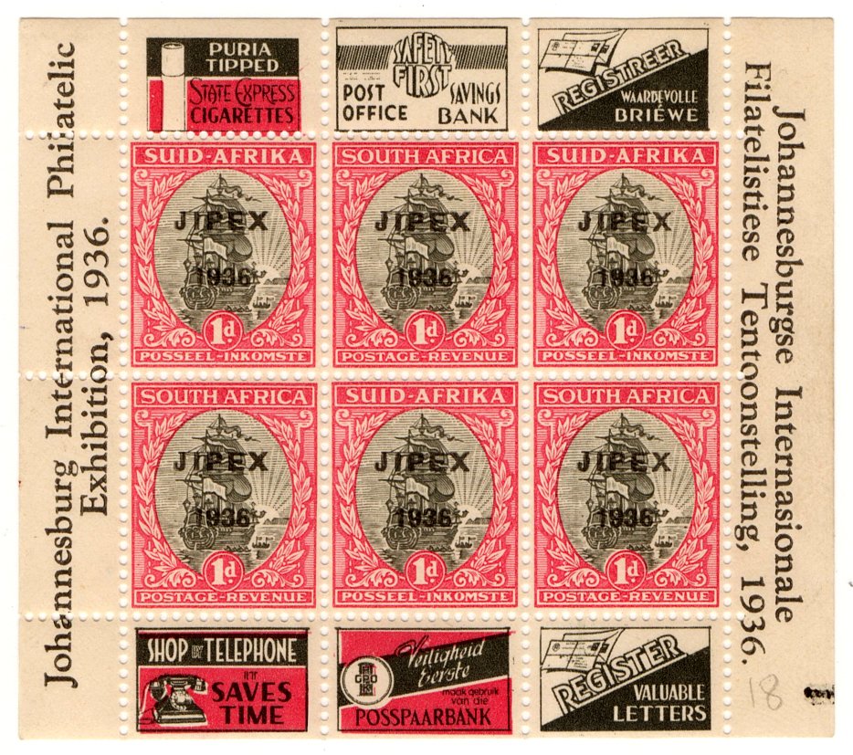 (I.B) South Africa Postal : JIPEX Exhibition Mini-Sheet (1936)