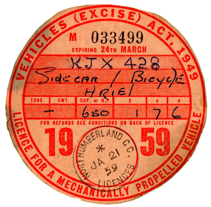 (I.B) GB Revenue : Car Tax Disc (Ariel Motorcycle & Sidecar 1959)