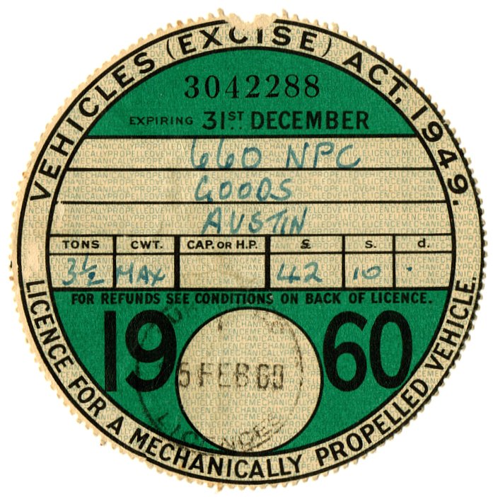 (I.B) GB Revenue : Car Tax Disc (Austin Goods 1960)
