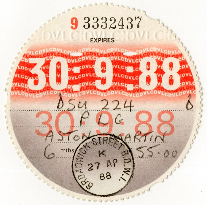 (I.B) GB Revenue : Car Tax Disc (Aston Martin 1988)