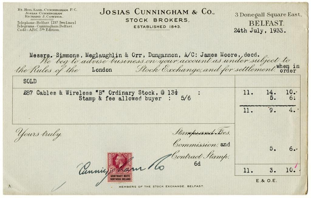 (I.B) George V Revenue : Contract Note (Northern Ireland) 6d (complete doc)