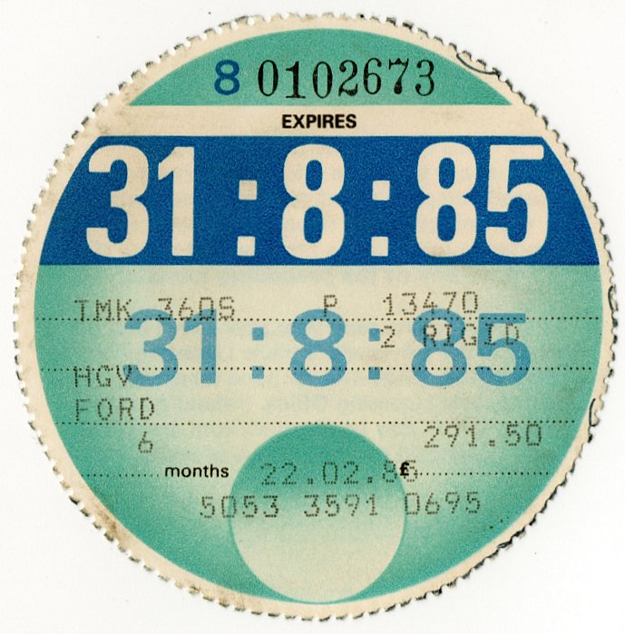 (I.B) GB Revenue : Car Tax Disc (Ford HGV 1985)