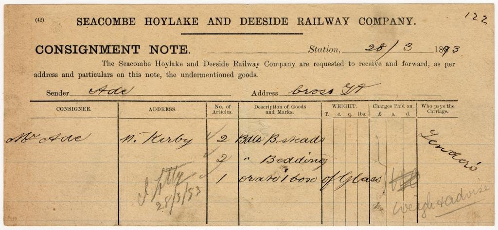 (I.B) Seacombe, Hoylake & Deeside Railway : Consignment Note 1893