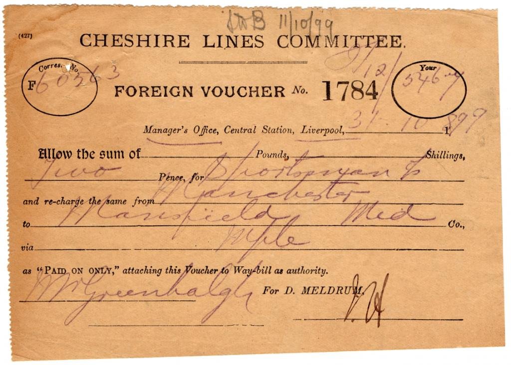 (I.B) Cheshire Lines Committee Railway : Foreign Voucher (1899)