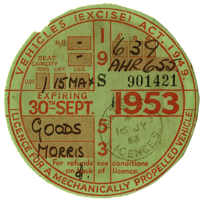 (I.B) GB Revenue : Car Tax Disc (Morris Goods 1953)