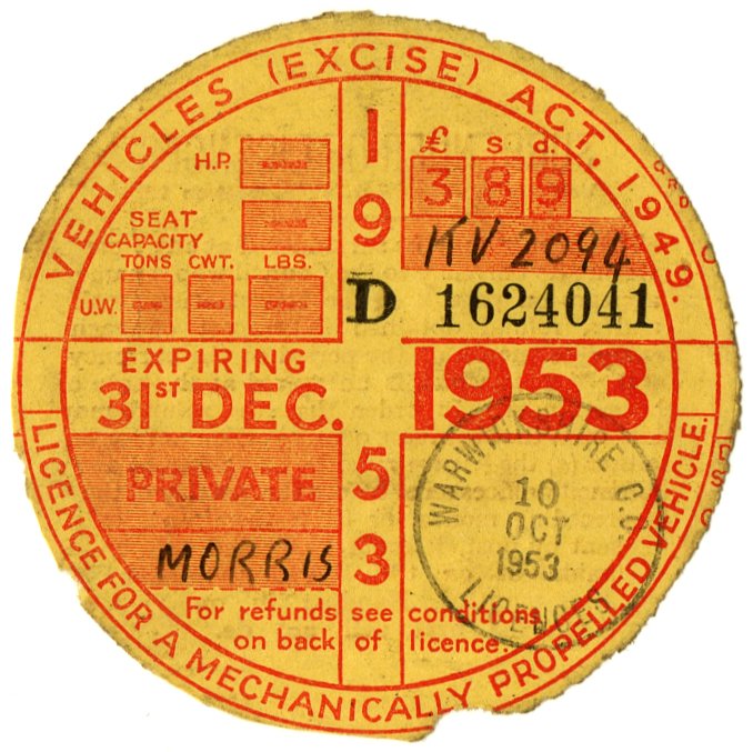 (I.B) GB Revenue : Car Tax Disc (Morris 1953)