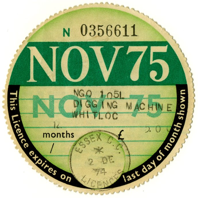 (I.B) GB Revenue : Car Tax Disc (Whitloc Digger 1975)