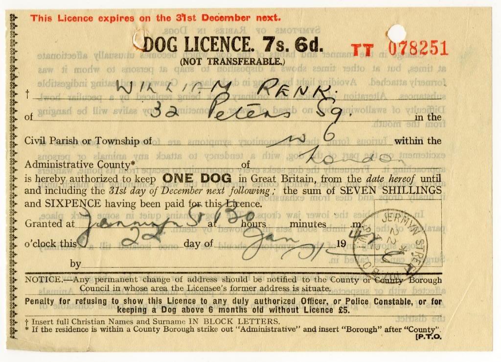 (I.B) George VI Revenue : Dog Licence 7/6d (London 1942)