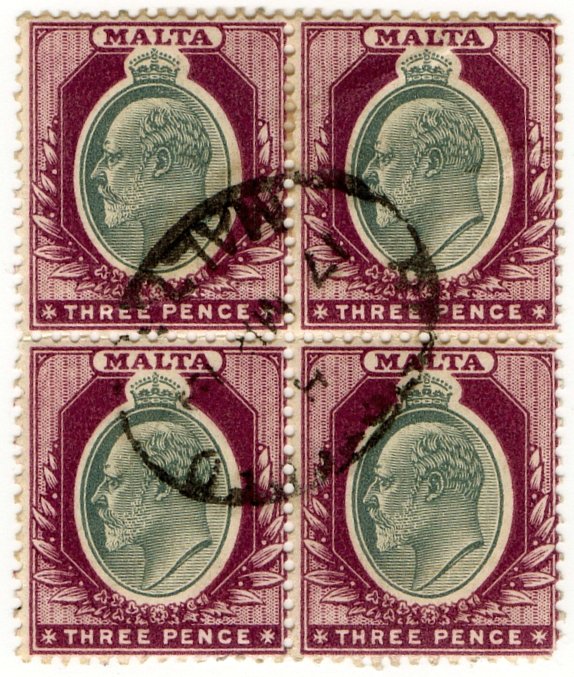 (I.B) Malta Postal : Edward VII Definitve 3d (block)