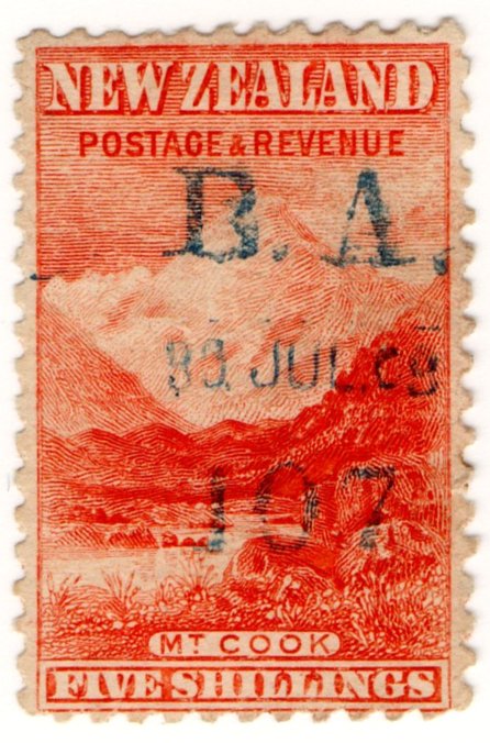 (I.B) New Zealand Revenue : Duty Stamp 5/- (Mount Cook)