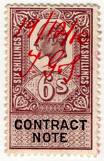(I.B) Edward VII Revenue : Contract Note 6/- (1910)