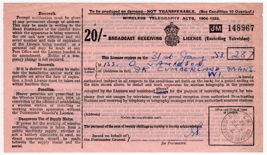 (I.B) George VI Revenue : Wireless Licence 20/- (1952)
