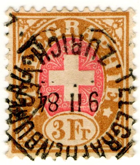 (I.B) Switzerland Telegraphs : 3Fr Brown & Pink (1881)