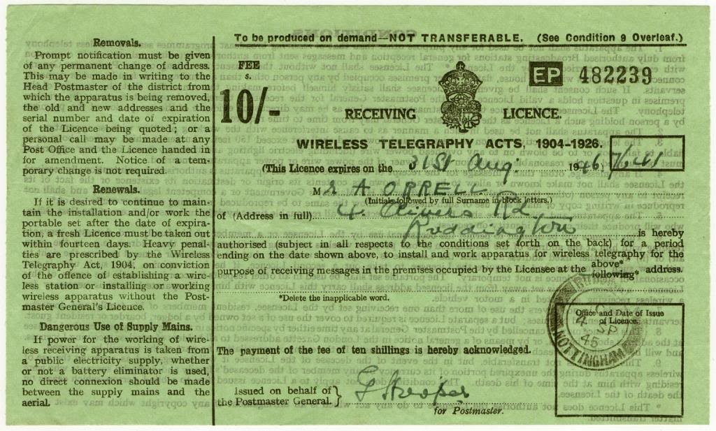 (I.B) George VI Revenue : Wireless Licence 10/- (1945)